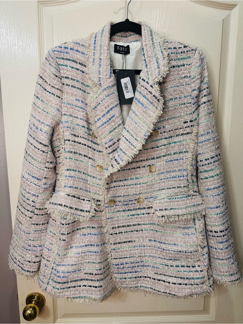 Fate Pastel Striped Tweed Double-Breasted Blazer